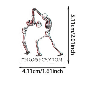 Detail showing 3D visual skeleton sticker with Greek text and precise dimensions