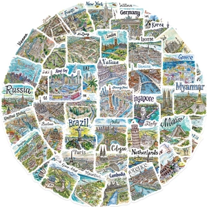 Collection of world travel stickers showing New York, Paris and London landmarks