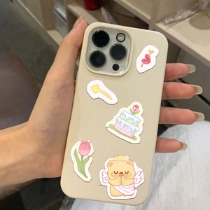 Cute Butter Bear DIY stickers on cream silicone iPhone case with cake and flower designs