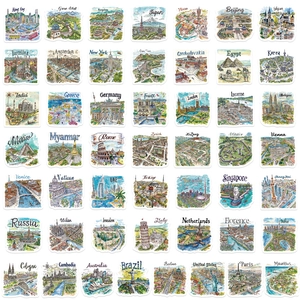 Set of 50 hand-drawn world travel landmark stickers for DIY laptops and luggage decoration