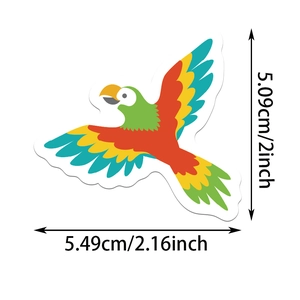 Detailed dimensions of a colorful cartoon parrot sticker for laptops and skateboards