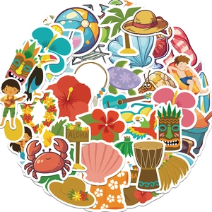 Detail showing tropical Hawaii themed stickers with Aloha sign and tiki mask elements