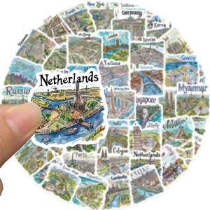 Hand-drawn world travel stickers featuring a Netherlands windmill and global landmarks set