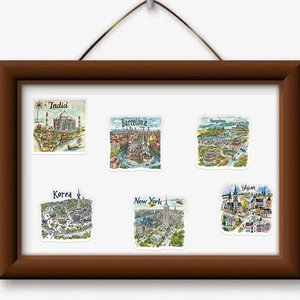 50 pieces of hand-drawn world travel landmark stickers for laptops and suitcases