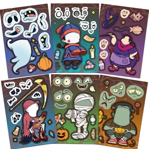 Set de six autocollants Halloween DIY avec fantômes, sorcières et monstres pour jeu créatif