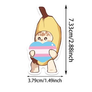 Detailansicht der Cartoon Bananen-Katze Aufkleber Maße mit Trans-Pride-Herz Motiv