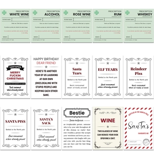 Set of 15 creative waterproof PVC wine bottle labels with humorous holiday and birthday designs