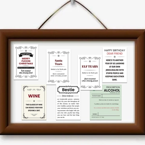 Set of 7 waterproof PVC red wine labels with humorous quotes in a wooden frame