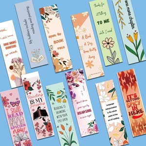 Set of 12 creative cartoon reading bookmarks with artistic patterns and inspirational quotes