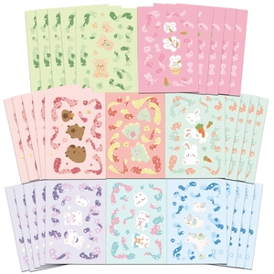 Detailed flat lay of 8 sets of cartoon animal stickers in vibrant macaron colors