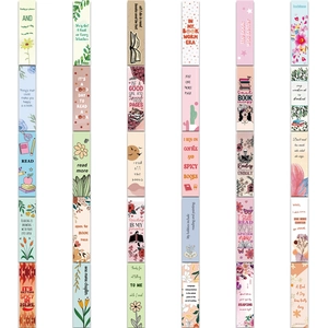 Macro view of 30 assorted artistic bookmarks with floral illustrations and quotes