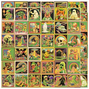Grid view showing 50 colorful vintage American comic style waterproof PVC stickers
