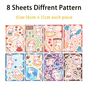 Detailed grid view of 8 cute cartoon rabbit sticker sheets with various themed scenes