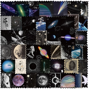 Vue détaillée d'autocollants style timbres spatiaux vintage avec astronautes et galaxies