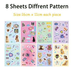 Detail view of 8 cute pet and cartoon themed PVC waterproof stickers with pastel colors