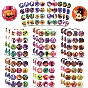 Detailed close-up of 8 sheets of cartoon Halloween stickers with ghosts and pumpkins