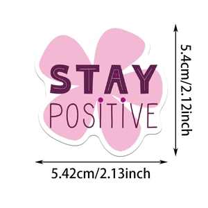 Détail d'un autocollant fleur rose montrant les dimensions et le slogan Stay Positive