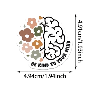 Detailed size chart showing bohemian mental health sticker with dimensions 4.9x4.9 cm