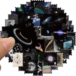 Lot de 50 autocollants timbres spatiaux vintage avec astronautes et galaxies