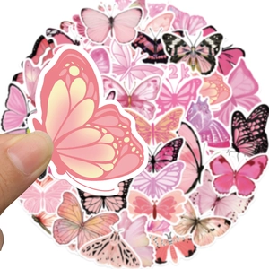 Close-up of cute pink butterfly waterproof PVC sticker set for DIY journal decoration