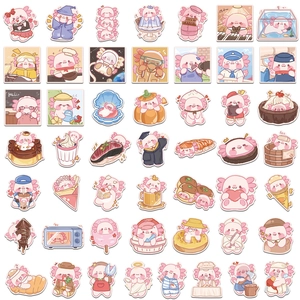 Lot de 50 autocollants axolotl rose mignons imperméables pour valises et ordinateurs