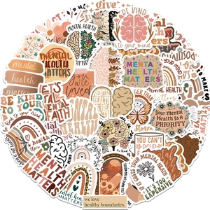 Detailed flat lay of Bohemian mental health stickers with matte finish and motivational quotes