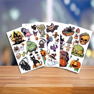 Detailed set of five waterproof Halloween cartoon stickers with pumpkin and ghost motifs
