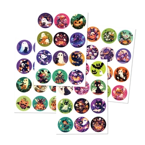 Detailed view of Halloween cartoon round stickers featuring pumpkins, ghosts, and bats