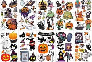 Set of 10 waterproof Halloween cartoon tattoos featuring pumpkins, ghosts, and bats