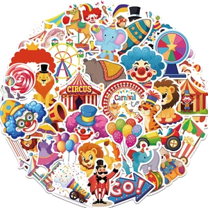 Close-up of assorted waterproof circus carnival stickers with clowns and lions