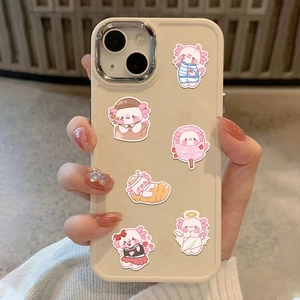 Gros plan d'autocollants axolotl rose sur coque de téléphone avec divers motifs mignons