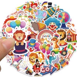 50pcs waterproof carnival circus stickers for laptops and luggage with lions and clowns