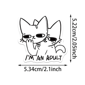 Detail shot of a funny black and white meme cat sticker with size measurements