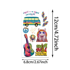 Detailed sheet of waterproof hippie temporary tattoos with bus and peace signs, size 12x6.8cm