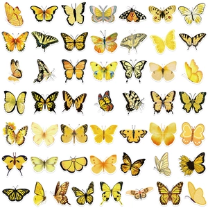 Detailed flat lay of 49 unique yellow butterfly stickers with artistic watercolor patterns