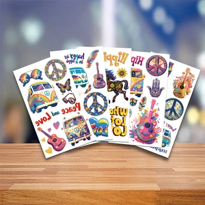 Detailed set of 5 colorful hippie waterproof tattoo stickers with Peace and Love designs
