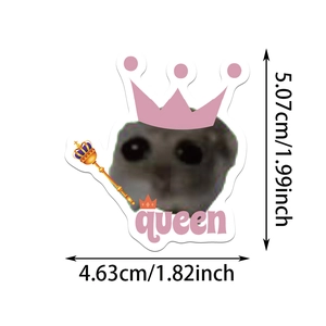 Sad Hamster sticker with queen crown and scepter, dimensions detail 5.07cm height