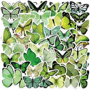 Close-up of green butterfly stickers in various artistic styles with white die-cut edges