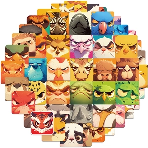 Close-up of cute cartoon animal stickers featuring angry faces on 50pc square cards