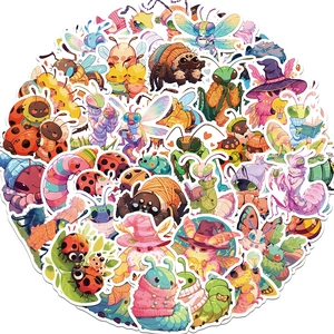 Close-up of assorted waterproof PVC insect stickers with cute anthropomorphic designs