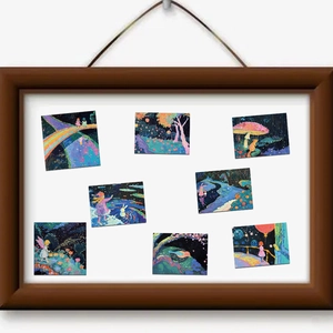 Artistic collage of dreamlike fairytale stickers featuring girls and animals in a wooden frame