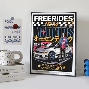 Κορνιζαρισμένη αφίσα JDM με χαρακτήρες anime και αυτοκίνητο EVO σε λευκό μινιμάλ γραφείο