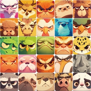 Close-up of 25 cute funny animal stickers with expressive faces in a 5x5 grid layout