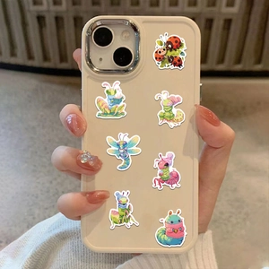 Detailed view of winter themed cartoon insect stickers on a mobile phone case