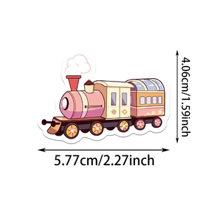 Detailed size view showing cartoon train sticker dimensions of 4.06cm by 5.77cm