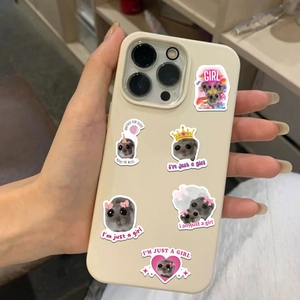 Detailed close-up of viral Sad Hamster stickers with I'M JUST A GIRL text on a phone case