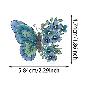 Detailed size specifications for blue and green butterfly decorative stickers with floral motifs