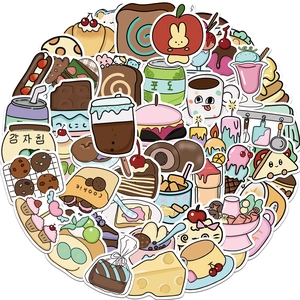 Detail showing various food and drink stickers with waterproof white cut borders