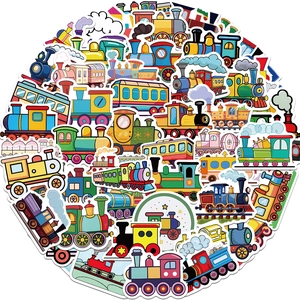 Detailed view of colorful cartoon train stickers showing diverse locomotive designs and patterns