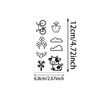 Detailed size specifications for cartoon temporary tattoos, 12cm by 6.8cm sheet dimensions